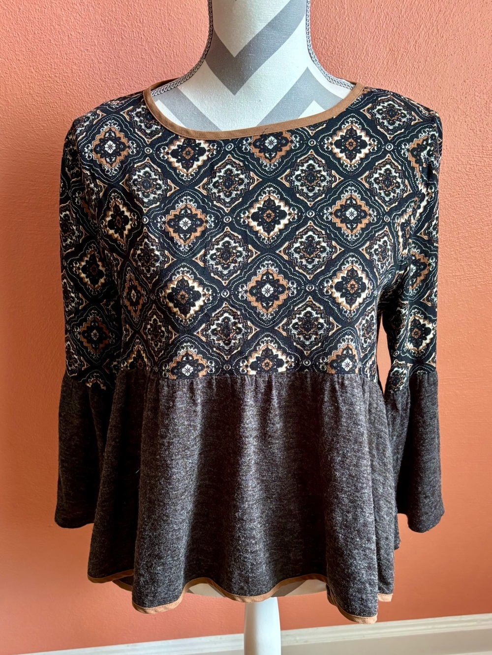 THML Brown Patterned Peplum Tunic with Tan Trim